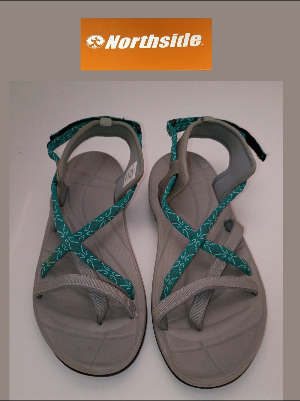 Covina Women's Gray Sandals with Teal Patterned Straps